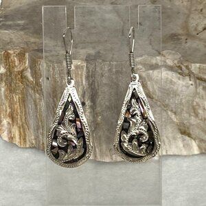 VTG Sterling Silver 925 Mexico GM-10 Abalone Chip Inlay Teardrop Dangle Earrings